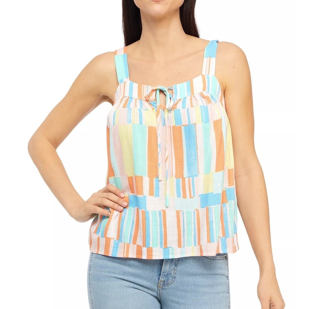 NEW Linen Blend Boxy Tank Top Colorful Stripe Rayon Linen Blend Summer Casual PM